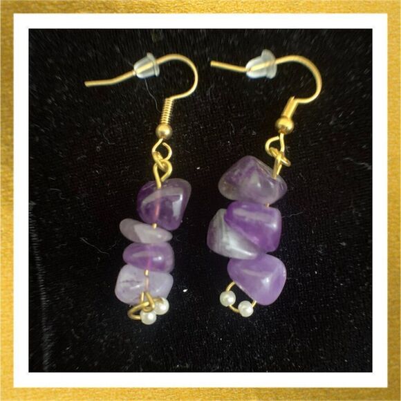 3/$20 Hand Crafted BEADED Dangle HANDMADE Gold Amethyst EARRINGS - Picture 1 of 1